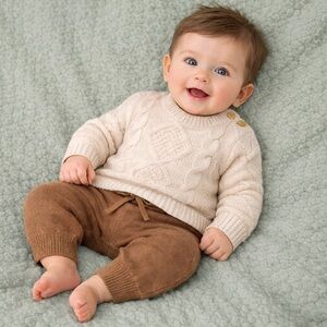 Cozy Cream Cable Knit Baby Sweater with Brown Knit Pants